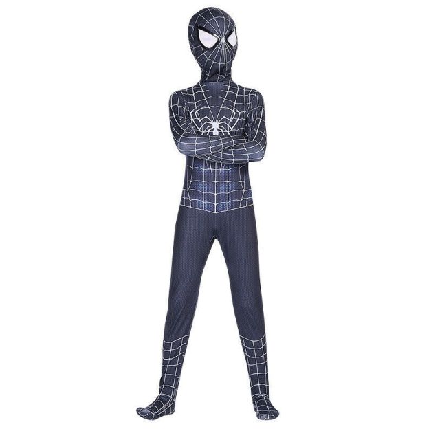 Kids black spider superhero costume with white web pattern and muscle print Kids black spider superhero costume with white web pattern and muscle print