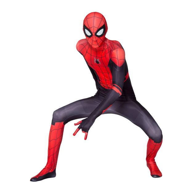 Boys and adult spider hero costume in red and black lycra with web print pattern Boys and adult spider hero costume in red and black lycra with web print pattern