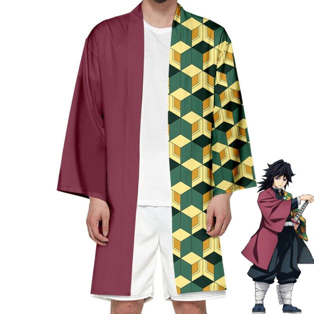 Adult anime water pillar kimono robe with maroon and geometric cube pattern Adult anime water pillar kimono robe with maroon and geometric cube pattern