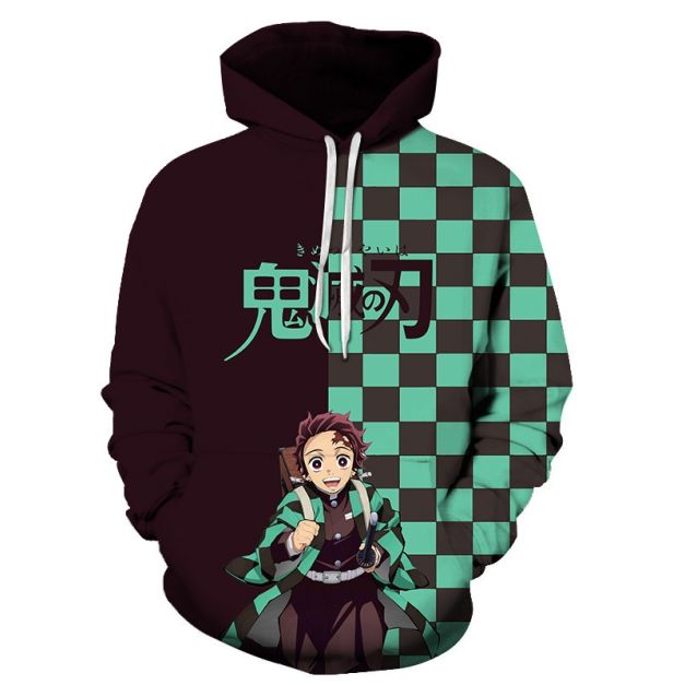 Adult Demon Hunter hoodie for men with the green checkered haori pattern and burgundy panels Adult Demon Hunter hoodie for men with the green checkered haori pattern and burgundy panels