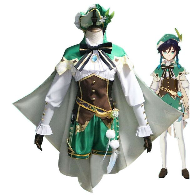 Adult anime bard cosplay costume with green cape and white ruffled blouse