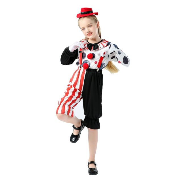 Child clown costume with polka dot sleeves and striped bloomer pants Child clown costume with polka dot sleeves and striped bloomer pants