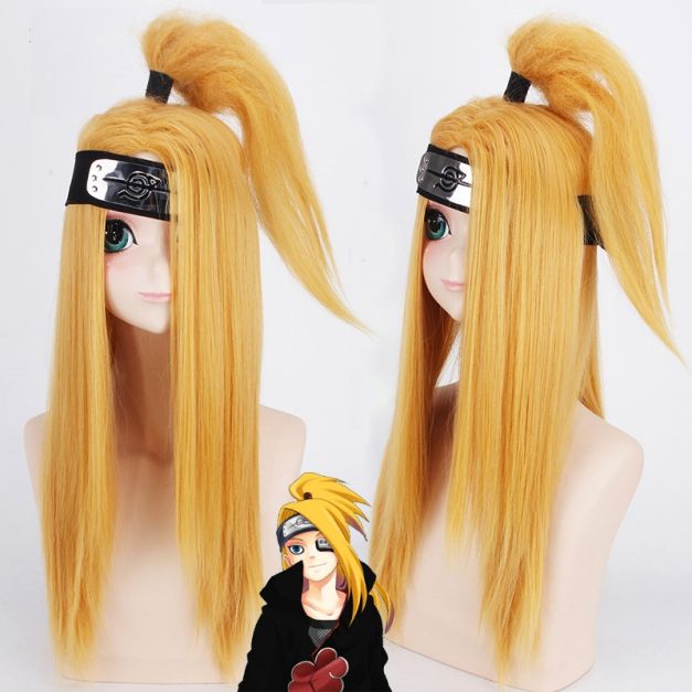 Blonde synthetic wig with asymmetrical bangs and metal plate headband - front view Blonde synthetic wig with asymmetrical bangs and metal plate headband - front view