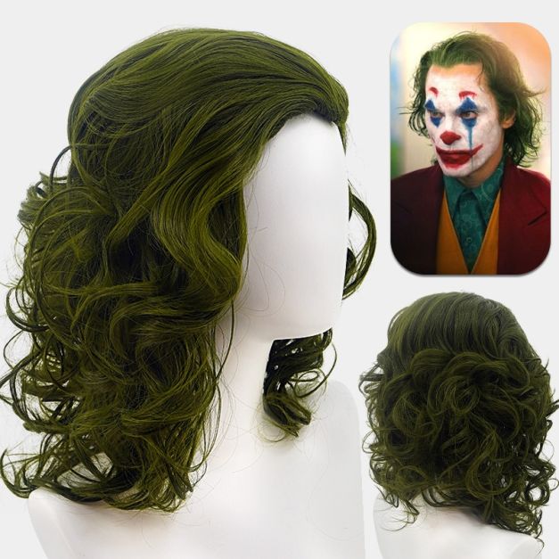 Dark olive green wavy wig with shoulder-length styling for comic villain costume Dark olive green wavy wig with shoulder-length styling for comic villain costume