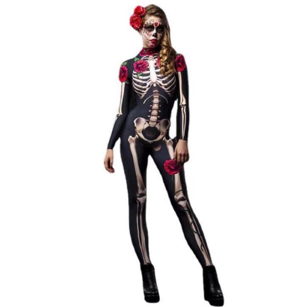 Womens Day of the Dead skeleton jumpsuit with white bone print and burgundy roses Womens Day of the Dead skeleton jumpsuit with white bone print and burgundy roses