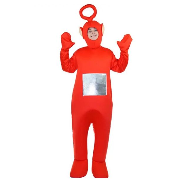 Adult Antenna TV Friends Red Antenna onesie costume in bright red with silver screen panel Adult Antenna TV Friends Red Antenna onesie costume in bright red with silver screen panel