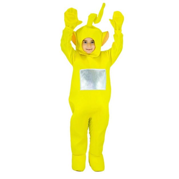Kids yellow Teletubby costume full body view showing plush jumpsuit with hood Kids yellow Teletubby costume full body view showing plush jumpsuit with hood