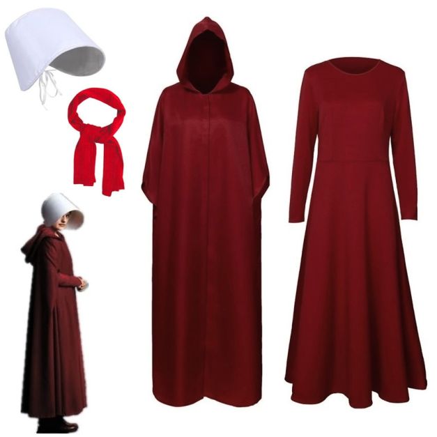 Womens Dystopian Cloak costume showing burgundy dress with white bonnet and red cloak Womens Dystopian Cloak costume showing burgundy dress with white bonnet and red cloak