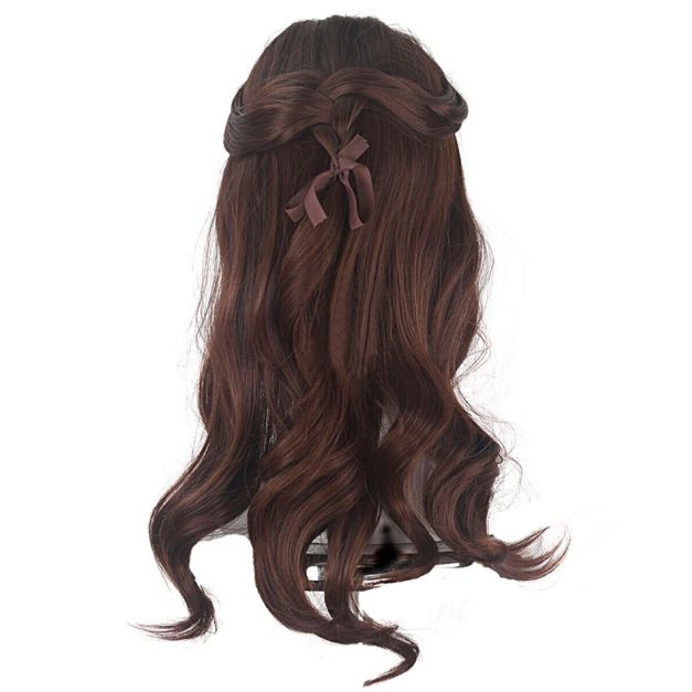 Adult Belle wig with long brown waves and braided crown secured by ribbon bow Adult Belle wig with long brown waves and braided crown secured by ribbon bow