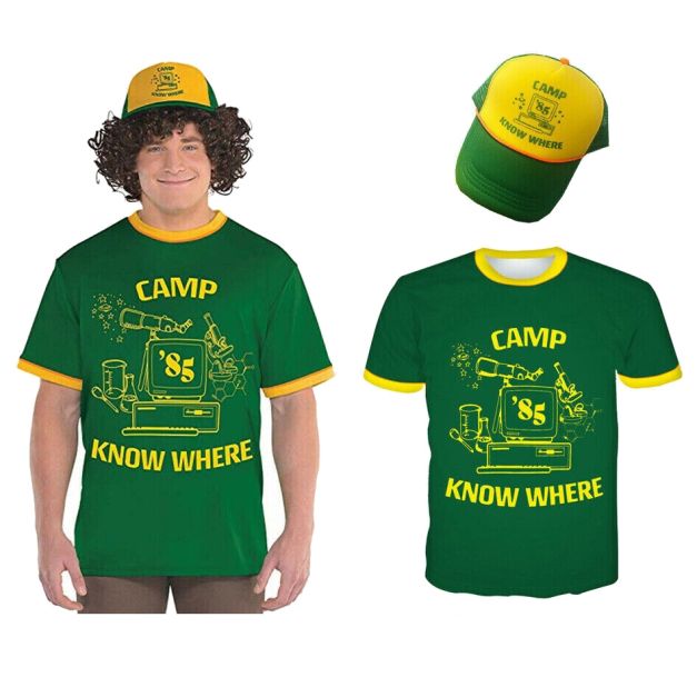 Forest green 80s camp costume T-shirt with yellow trim and retro computer graphic Forest green 80s camp costume T-shirt with yellow trim and retro computer graphic