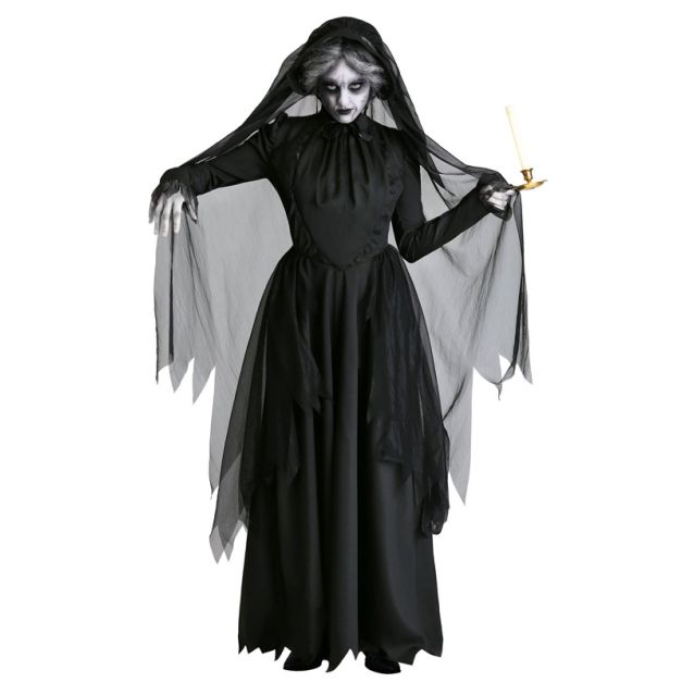 Womens zombie bride costume in black with hooded veil and tattered wing sleeves Womens zombie bride costume in black with hooded veil and tattered wing sleeves