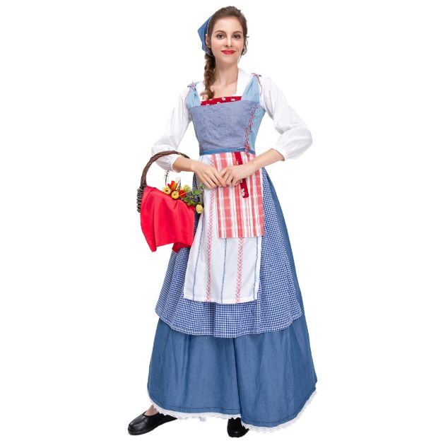 Blue village maiden costume with chambray bodice and headscarf full outfit