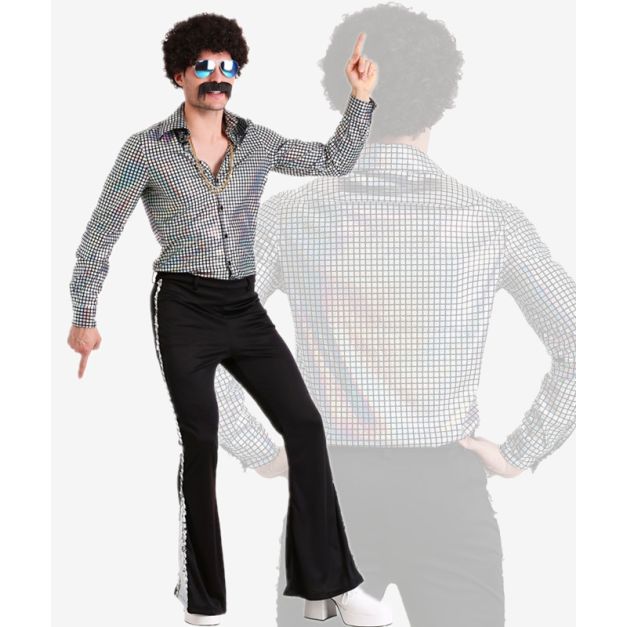 Silver disco ball shirt with deep V-neck collar and black bell-bottom pants for 70s themed parties Silver disco ball shirt with deep V-neck collar and black bell-bottom pants for 70s themed parties