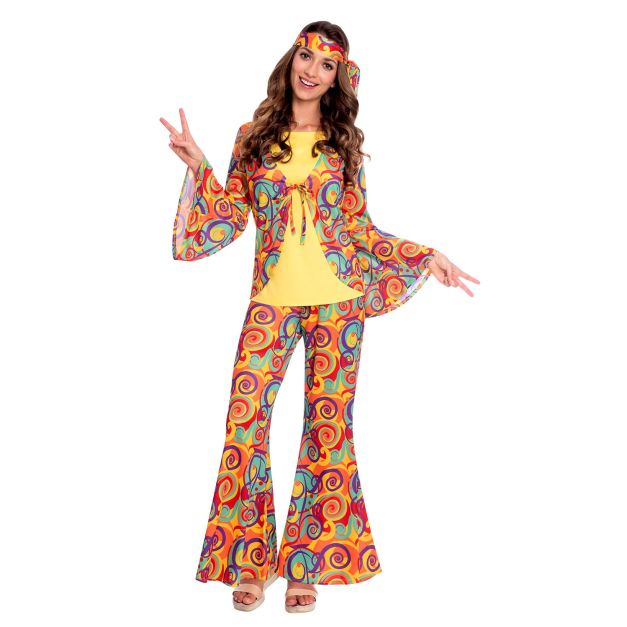 Yellow empire-waist top with multicolored swirl bell-sleeve jacket overlay Yellow empire-waist top with multicolored swirl bell-sleeve jacket overlay