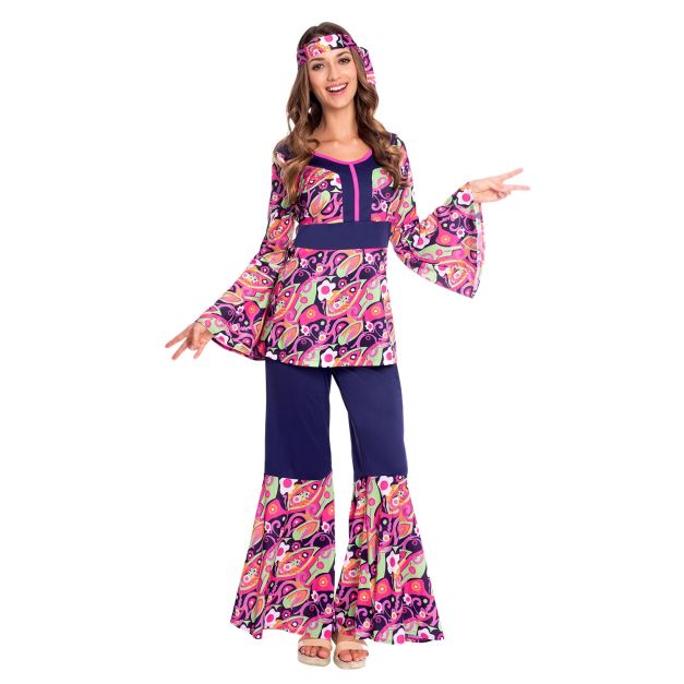 Womens psychedelic hippie costume with paisley bell sleeves and flared pants front view Womens psychedelic hippie costume with paisley bell sleeves and flared pants front view