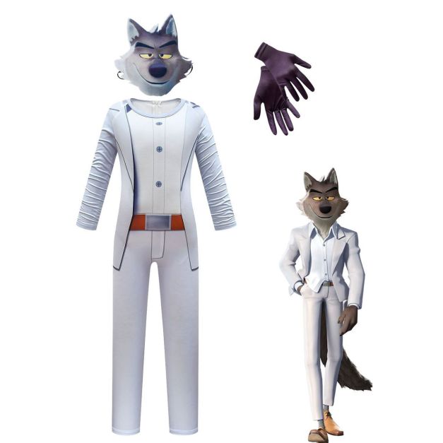 Kids bad guy wolf costume jumpsuit with printed grey suit and character mask Kids bad guy wolf costume jumpsuit with printed grey suit and character mask
