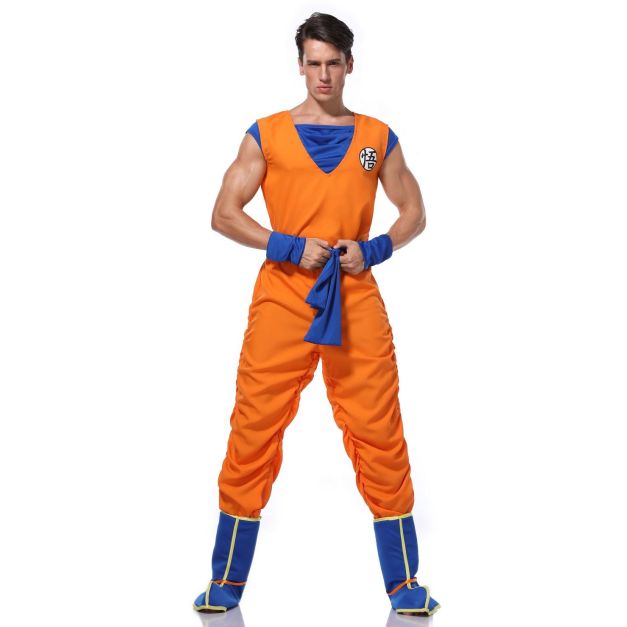 anime fighter saga Z inspired costume showing sleeveless orange top and baggy training pants anime fighter saga Z inspired costume showing sleeveless orange top and baggy training pants