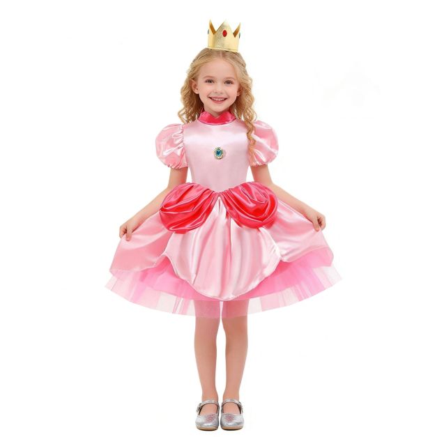 Girls Royal Pink Princess costume pink ballgown dress with coral puff sleeves and gold crown