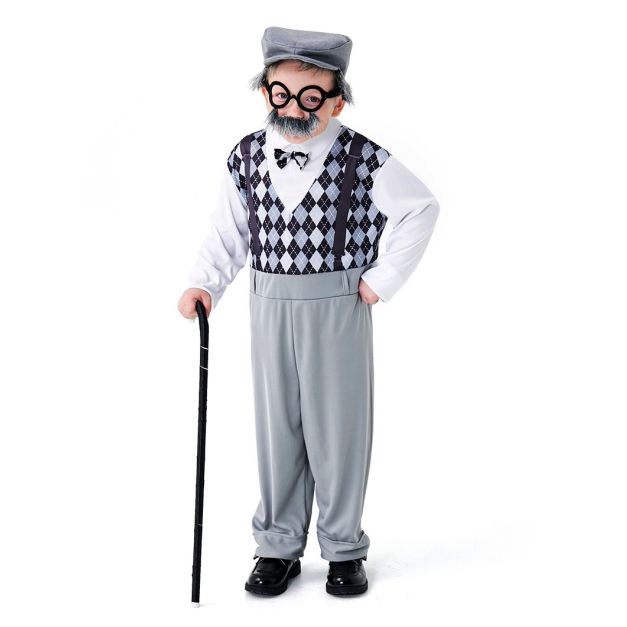 Child old man costume with grey trousers, argyle vest and flat cap Child old man costume with grey trousers, argyle vest and flat cap