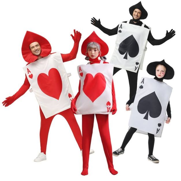 Kids and adults deck of cards costume with white playing card tunic and oversized suit symbol headpiece