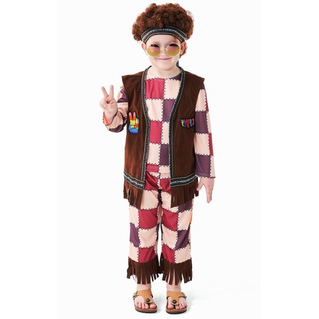 Boys 1960s hippie costume with patchwork shirt vest and afro wig Boys 1960s hippie costume with patchwork shirt vest and afro wig