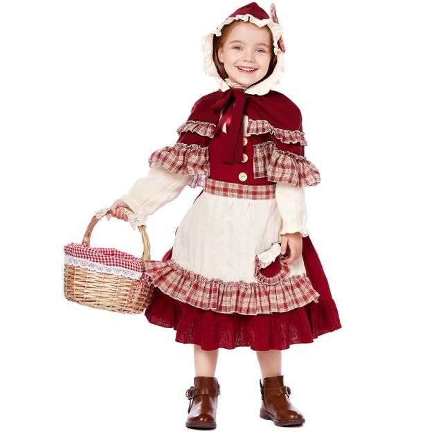 Girls Little Red Riding Hood costume with burgundy dress, cream apron and hooded cape Girls Little Red Riding Hood costume with burgundy dress, cream apron and hooded cape