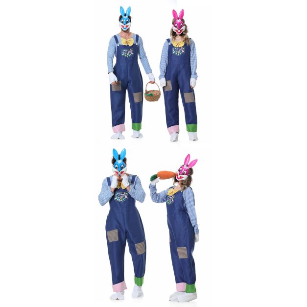 Easter rabbit mascot suit showing gingham shirt and white tail detail Easter rabbit mascot suit showing gingham shirt and white tail detail