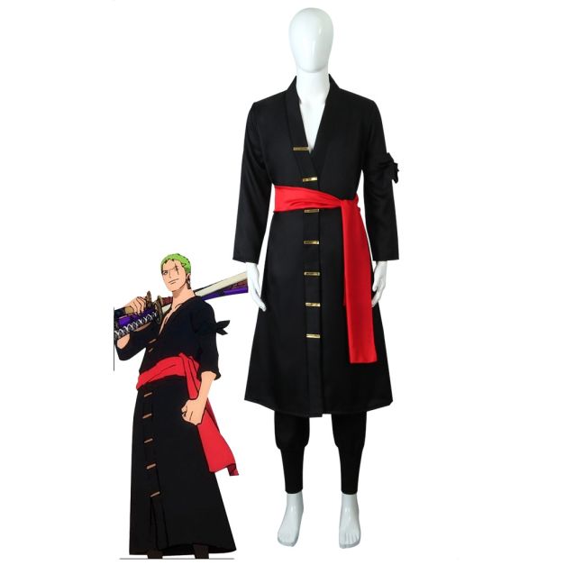 Adult anime swordsman cosplay costume with black kimono robe and red waist sash Adult anime swordsman cosplay costume with black kimono robe and red waist sash