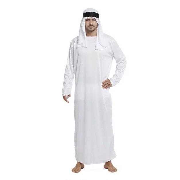 Adult mens Arabian sheikh costume with white robe and headpiece with black cord Adult mens Arabian sheikh costume with white robe and headpiece with black cord