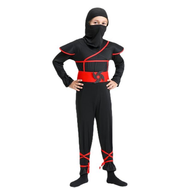 Boys ninja warrior costume with black jumpsuit and red belt