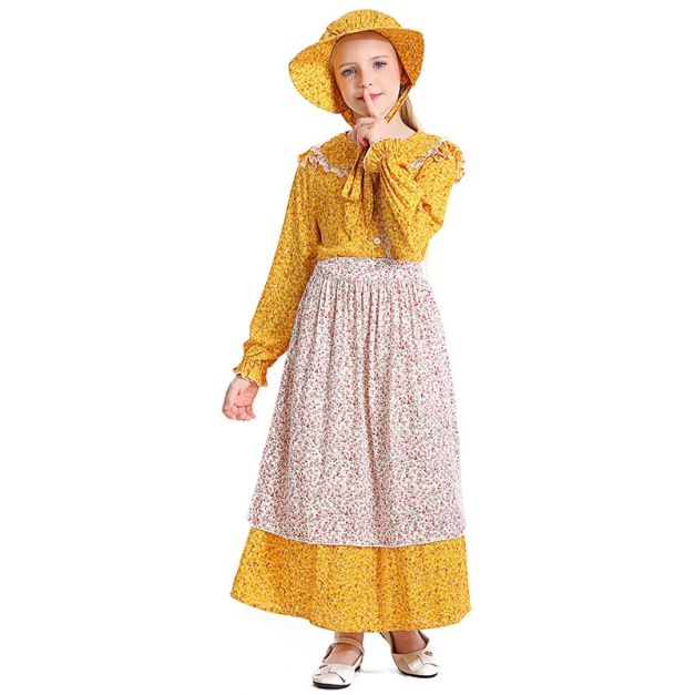 Girls yellow calico prairie dress costume with white floral apron and matching bonnet Girls yellow calico prairie dress costume with white floral apron and matching bonnet