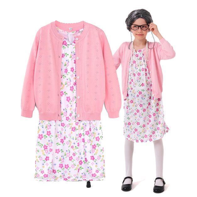 Kids old lady costume with pink cardigan and floral dress on white background Kids old lady costume with pink cardigan and floral dress on white background