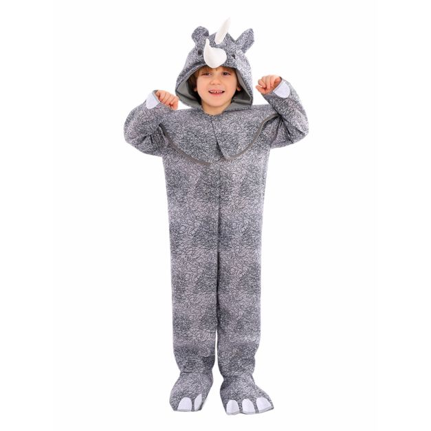 Kids grey rhino costume jumpsuit with white horn and clawed feet Kids grey rhino costume jumpsuit with white horn and clawed feet