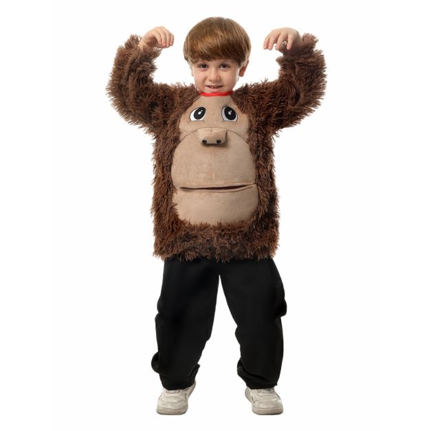 Kids chimpanzee costume top with 3D molded face and shaggy brown fur sleeves Kids chimpanzee costume top with 3D molded face and shaggy brown fur sleeves