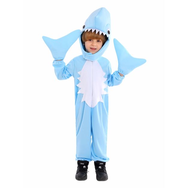 Kids light blue shark costume jumpsuit with 3D hood and white belly panel Kids light blue shark costume jumpsuit with 3D hood and white belly panel