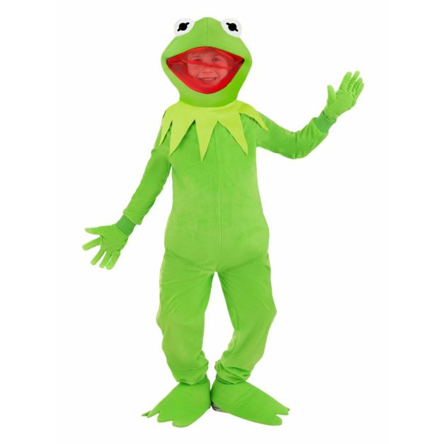 Kids green muppet frog costume jumpsuit with hood and wide-set eyes Kids green muppet frog costume jumpsuit with hood and wide-set eyes