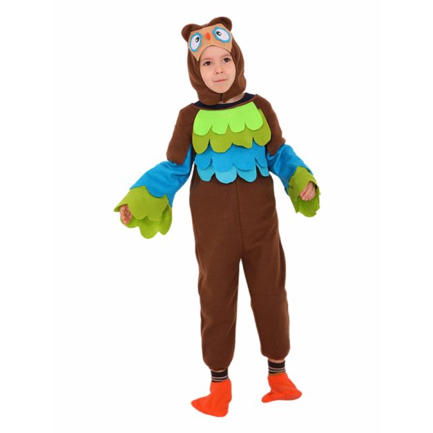 Kids brown owl costume jumpsuit with lime green and turquoise feather wings Kids brown owl costume jumpsuit with lime green and turquoise feather wings