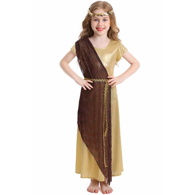 Child Cleopatra costume showing diagonal color-block design and metallic fabric Child Cleopatra costume showing diagonal color-block design and metallic fabric