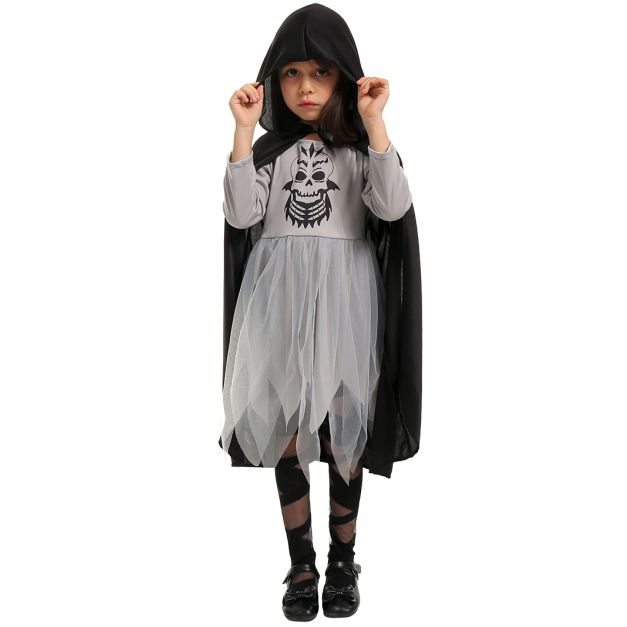 Girls grey Grim Reaper dress with black skull print and hooded cape