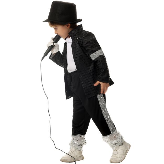 Child wearing moonwalk dancer outfit with fedora hat and single glove Child wearing moonwalk dancer outfit with fedora hat and single glove