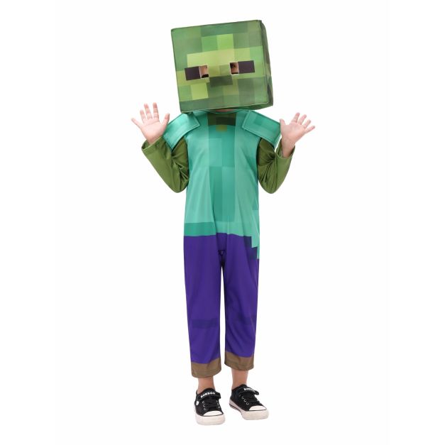 Kids gaming costume headpiece displaying authentic block-building game zombie pixelated face Kids gaming costume headpiece displaying authentic block-building game zombie pixelated face