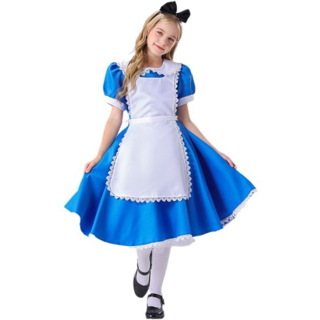 Blue storybook costume with lace-trimmed pinafore and puffed sleeves Blue storybook costume with lace-trimmed pinafore and puffed sleeves