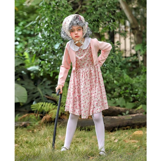 Kids grandma costume set with floral dress, pink cardigan and gray curly wig