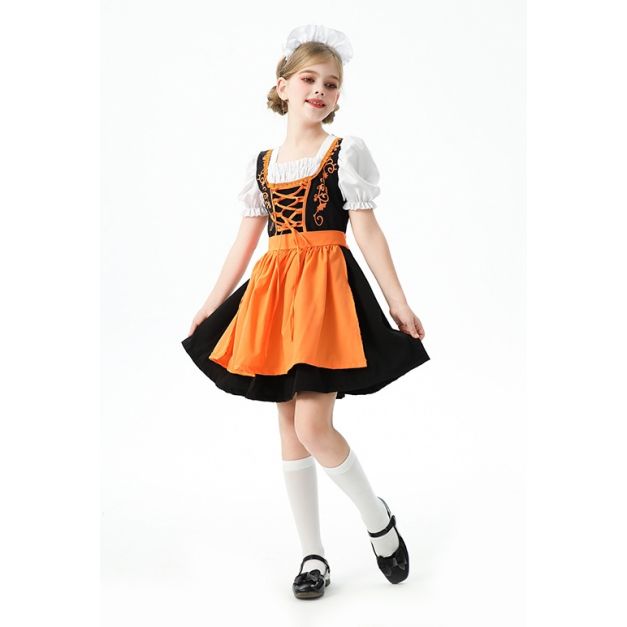 Complete girls dirndl costume set with apron and gathered skirt layers Complete girls dirndl costume set with apron and gathered skirt layers