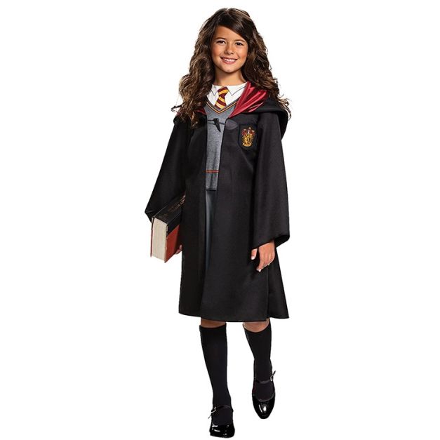 Girls wizard school costume with black hooded robe, grey top and skirt