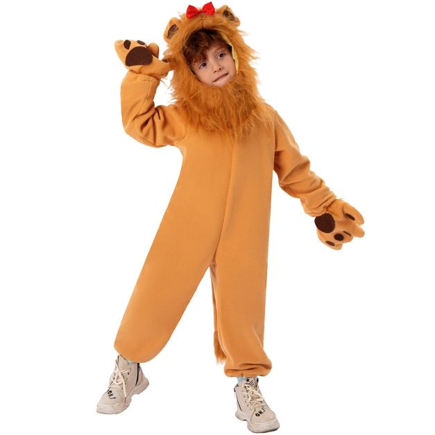 Lion costume headpiece showing plush mane and attached ears Lion costume headpiece showing plush mane and attached ears