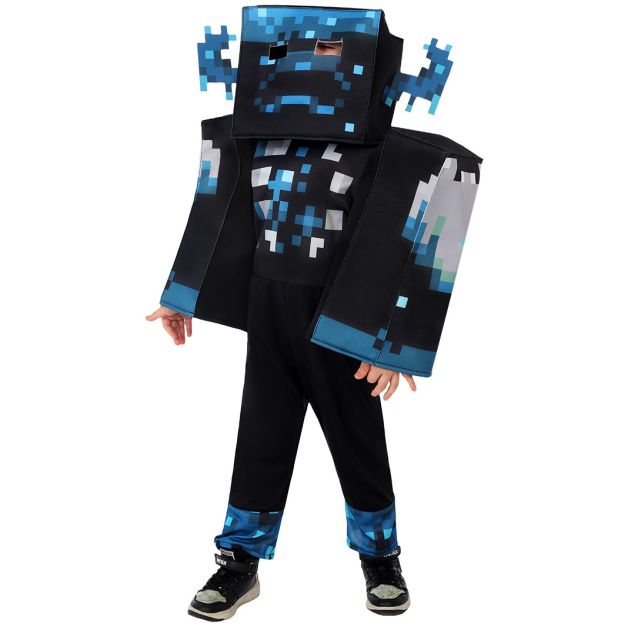 Kids pixel game Warden costume with dimensional headpiece and cyan accents Kids pixel game Warden costume with dimensional headpiece and cyan accents
