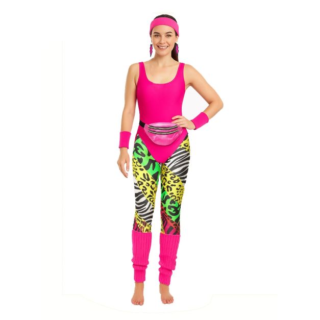 Womens eighties workout outfit in hot pink with neon animal print leggings and leg warmers Womens eighties workout outfit in hot pink with neon animal print leggings and leg warmers