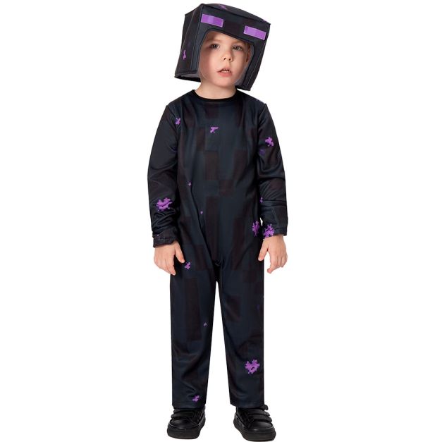 Kids tall block creature costume with black pixel-print jumpsuit and purple cube headpiece Kids tall block creature costume with black pixel-print jumpsuit and purple cube headpiece