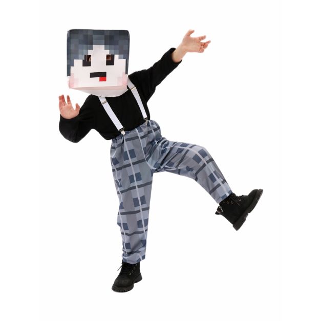 Kids pixel block character costume with black top, grey grid pants and foam mask Kids pixel block character costume with black top, grey grid pants and foam mask